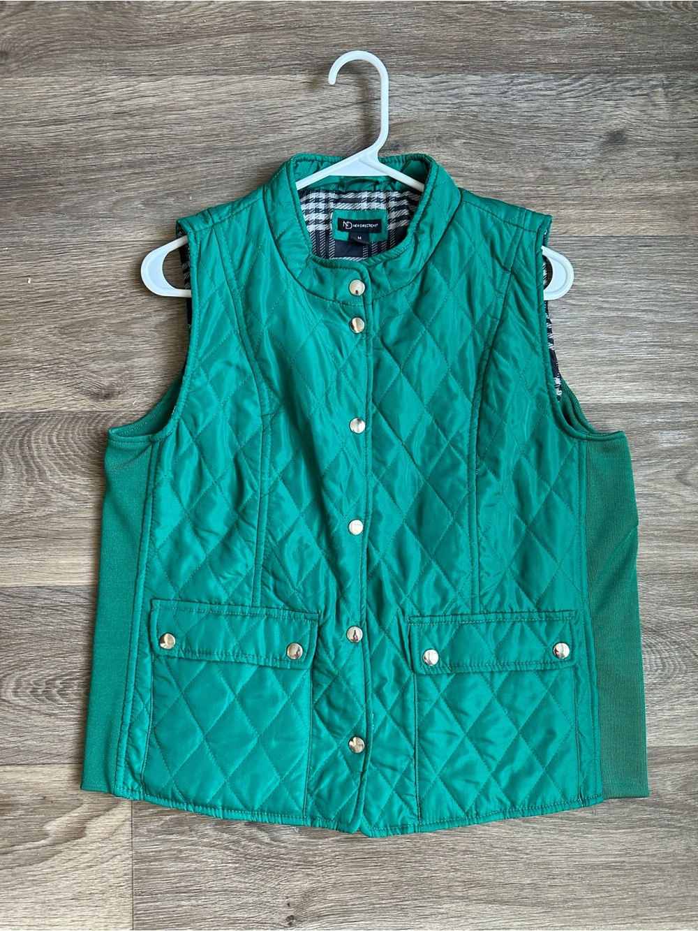 new directions Women’s Size M Green‎ Diamond Quilted Vest Snap Zip Plaid Lined